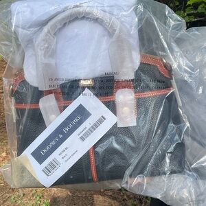 Dooney & Bourke Black Pebbled Leather Satchel with Tan Trim